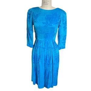 Vintage 70s Lanz Originals Blue Damask Knee-Length Dress Size 6-8